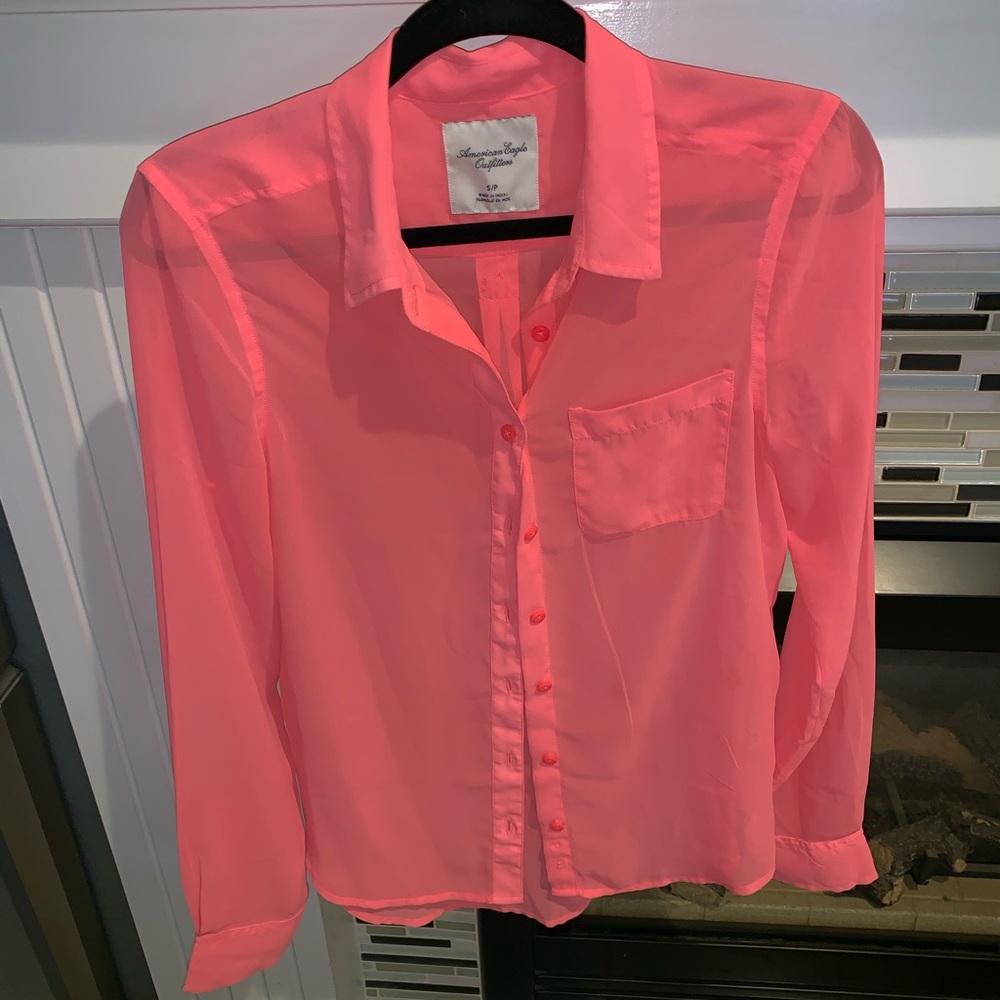 American Eagle, neon pink sheer button up